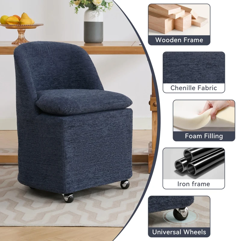 Modern Set of 2 Upholstered Dining Chairs with Soft Chenille, Ergonomic Side Chairs with 360° Swivel Wheels, 21'' L x 21" W x 31" H, Blue