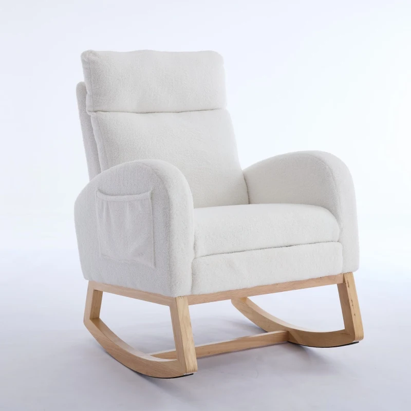 Cozy Teddy Fabric Rocking Chair with Adjustable Footstool, Ergonomic Nursery Chair for Living Room, 35-49'' L x 27.5"W x 40-41.5" H, White