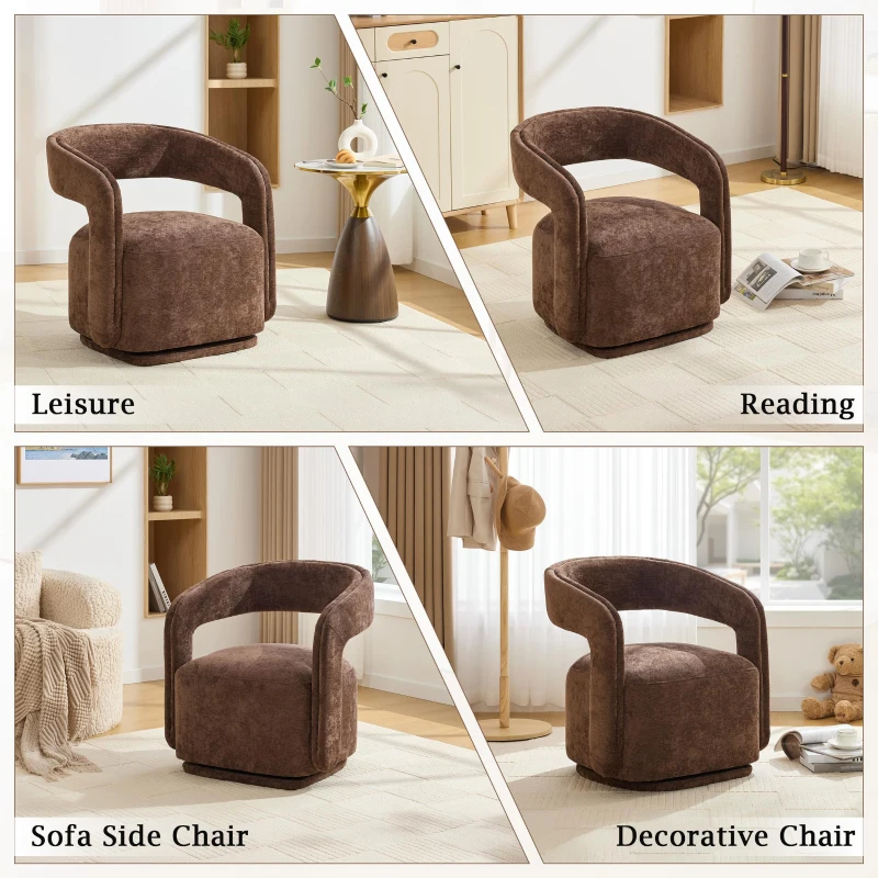 Elegant Swivel Accent Armchair with Curved Backrest, Soft Chenille Barrel Chair with 360° Rotation, Foam Seat, 27.5'' L x 25.5" W x 29" H, Brown