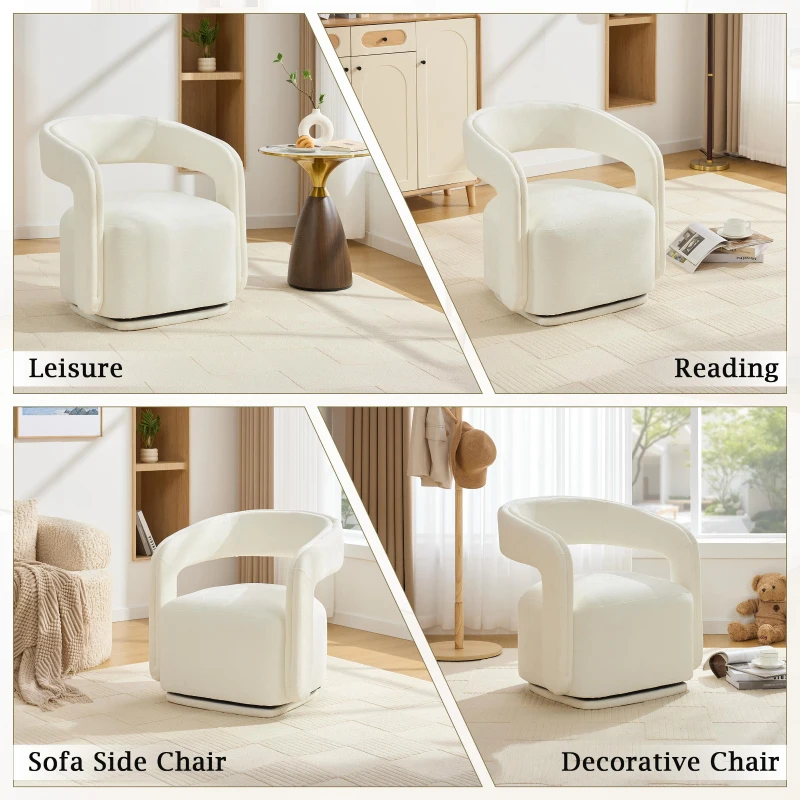 Cozy Chenille Swivel Accent Armchair with Curved Backrest, Stylish Barrel Leisure Chair for Living Room Study, 27.5'' L x 25.5"W x 29" H, White