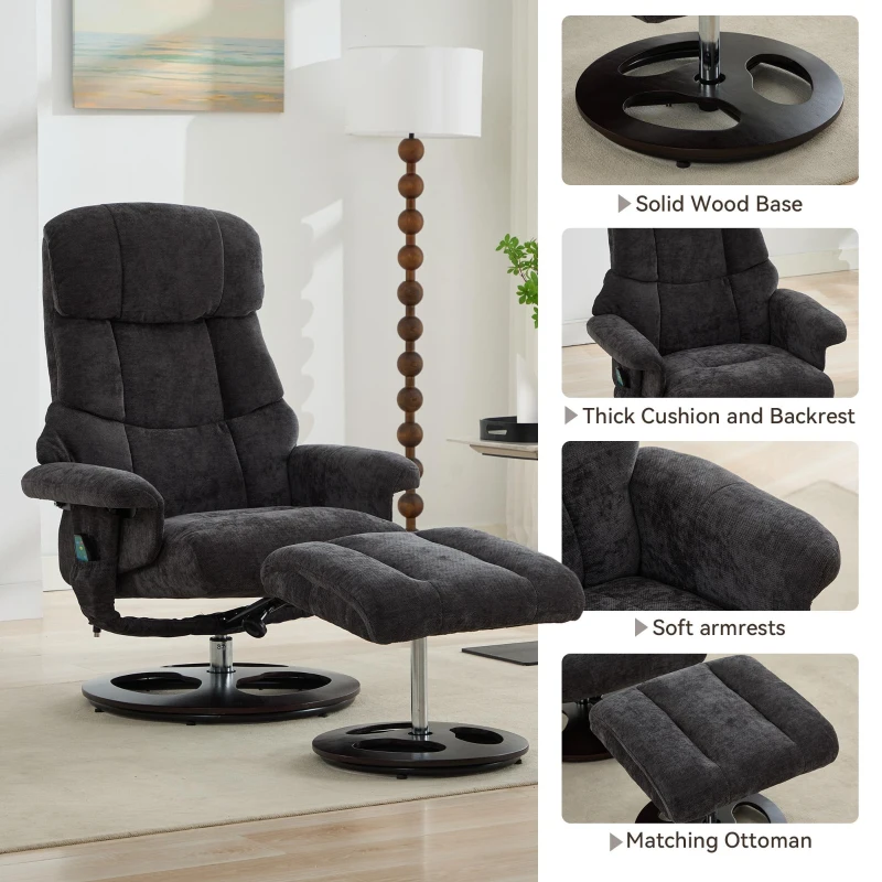 Ergonomic Recliner Chair with Ottoman and Massage, Swivel Lounge Chair with Heated Seat and 140° Recline, 32'' L x 33" W x 43.5" H, Dark Gray