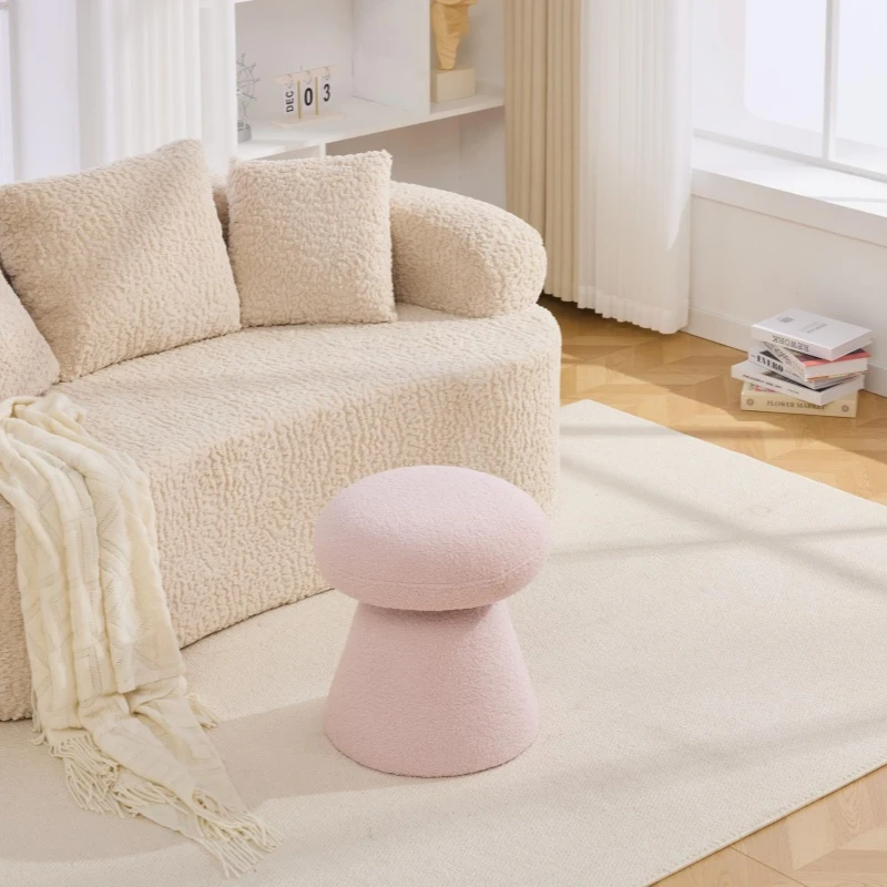 Cozy Mushroom Ottoman with Teddy Upholstery and 360° Swivel, Chic Footstool with Non-Slip Feet and No Assembly, 16'' L x 16" W x 17.5" H, Pink