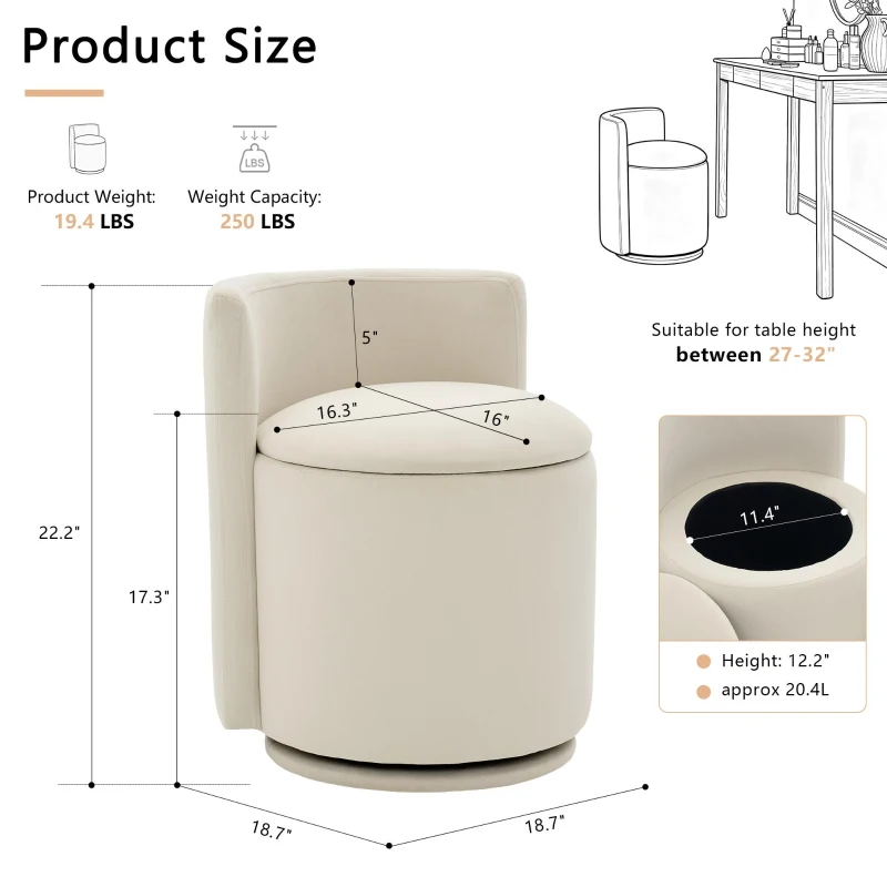 Cozy Velvet Swivel Accent Chair with Curved Backrest and Hidden Storage, Compact Storage Chair for Living Room, 18.5'' L x 18.5"W x 22" H, Beige