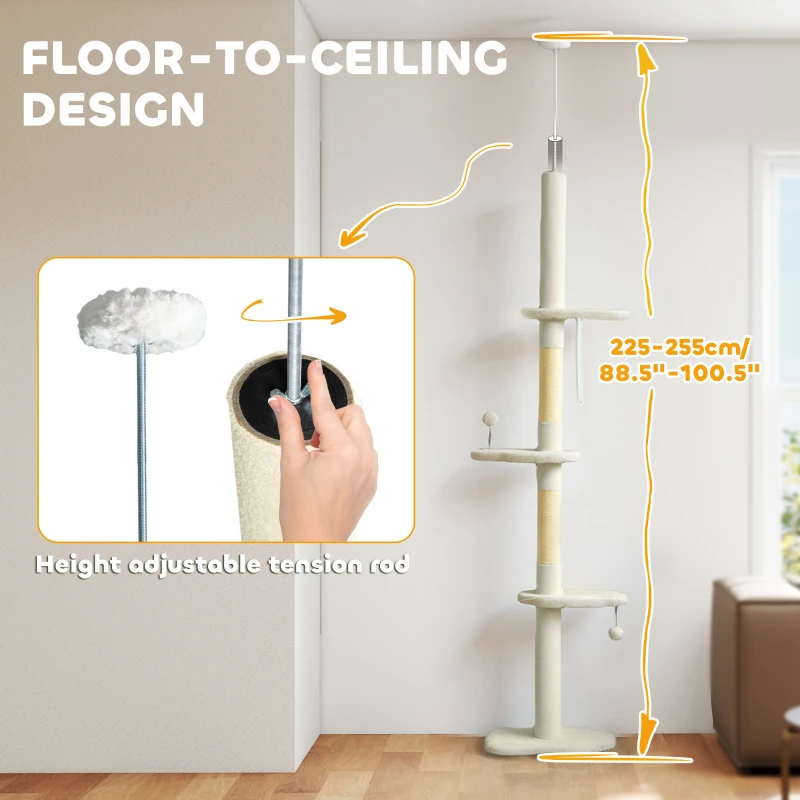 PawHut 88.5"-100.5" Floor to Ceiling Cat Tree, Cat Tower with Scratching Posts, Cloud Shaped Platforms, Dangling Balls, Cream