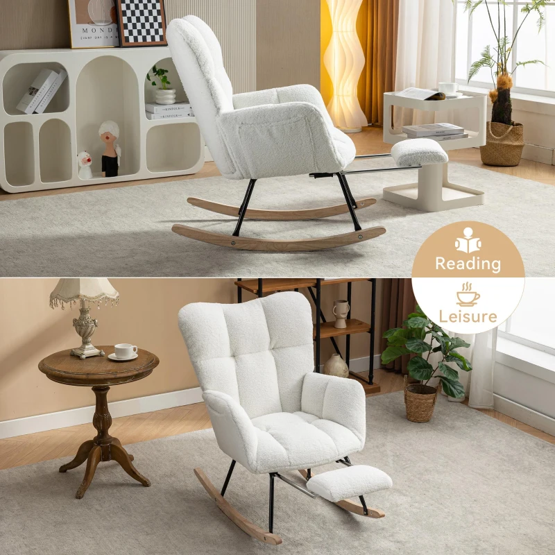 Plush Teddy Fabric Rocking Chair with Adjustable Footstool, Ergonomic Nursery Chair for Living Room Bedroom, 37-49'' L x 26"W x 35-36" H, Ivory