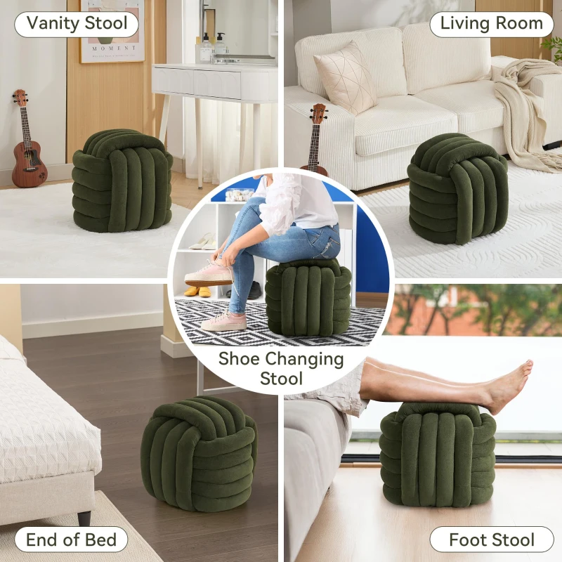 Cozy Modern Knot Design Ottoman with Soft Chenille and Foam Filling, Chic Makeup Stool with No Assembly, 19.5'' L x 19.5" W x 17.5" H, Green