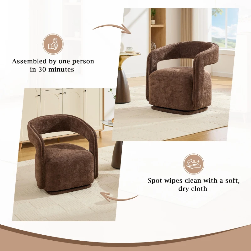 Elegant Swivel Accent Armchair with Curved Backrest, Soft Chenille Barrel Chair with 360° Rotation, Foam Seat, 27.5'' L x 25.5" W x 29" H, Brown