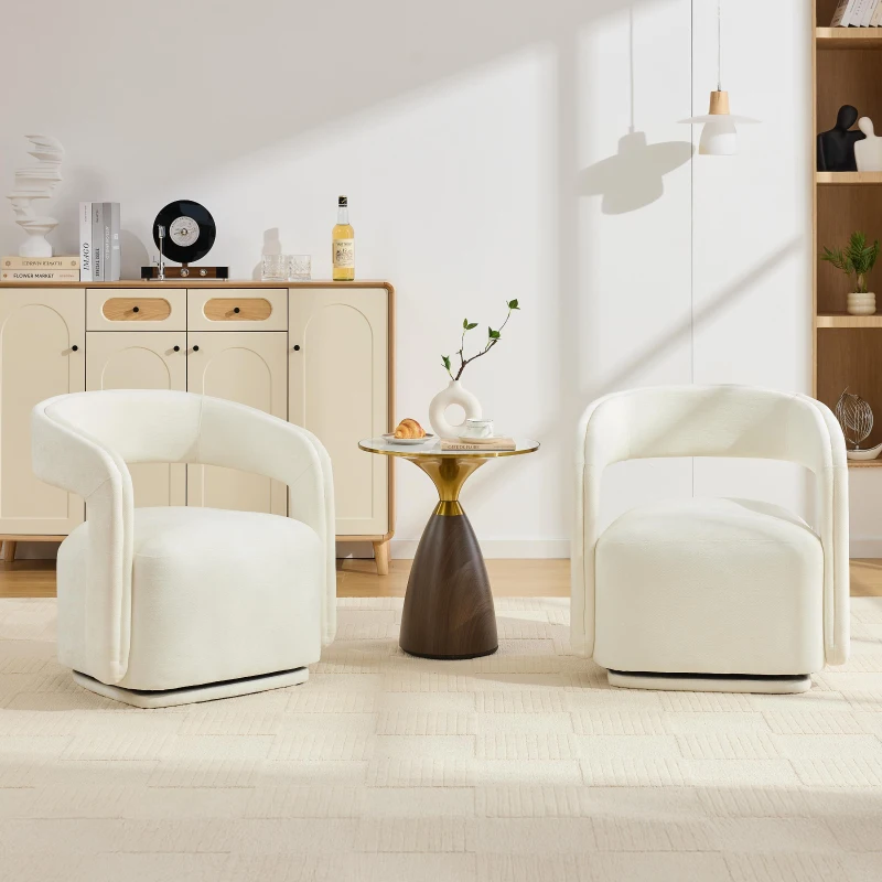 Cozy Chenille Swivel Accent Armchair with Curved Backrest, Stylish Barrel Leisure Chair for Living Room Study, 27.5'' L x 25.5"W x 29" H, White
