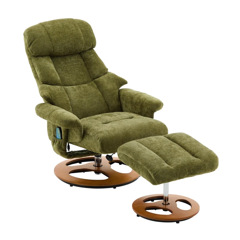 Ergonomic Recliner Chair with Ottoman and Massage, Cozy Swivel Lounge Chair with Heated Seat and 140° Recline, 32'' L x 33" W x 43.5" H, Green