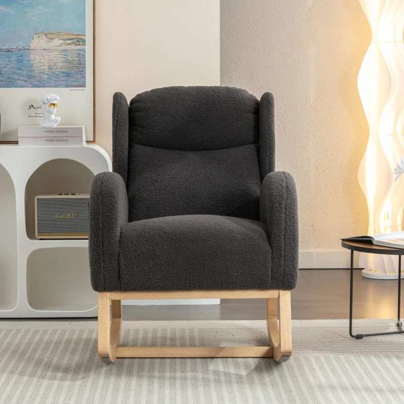 Elegant Teddy Fabric Rocking Chair with Ergonomic Backrest and Plush Filling, Accent Chair with Wooden Legs, 38'' L x 28" W x 40" H, Dark Gray