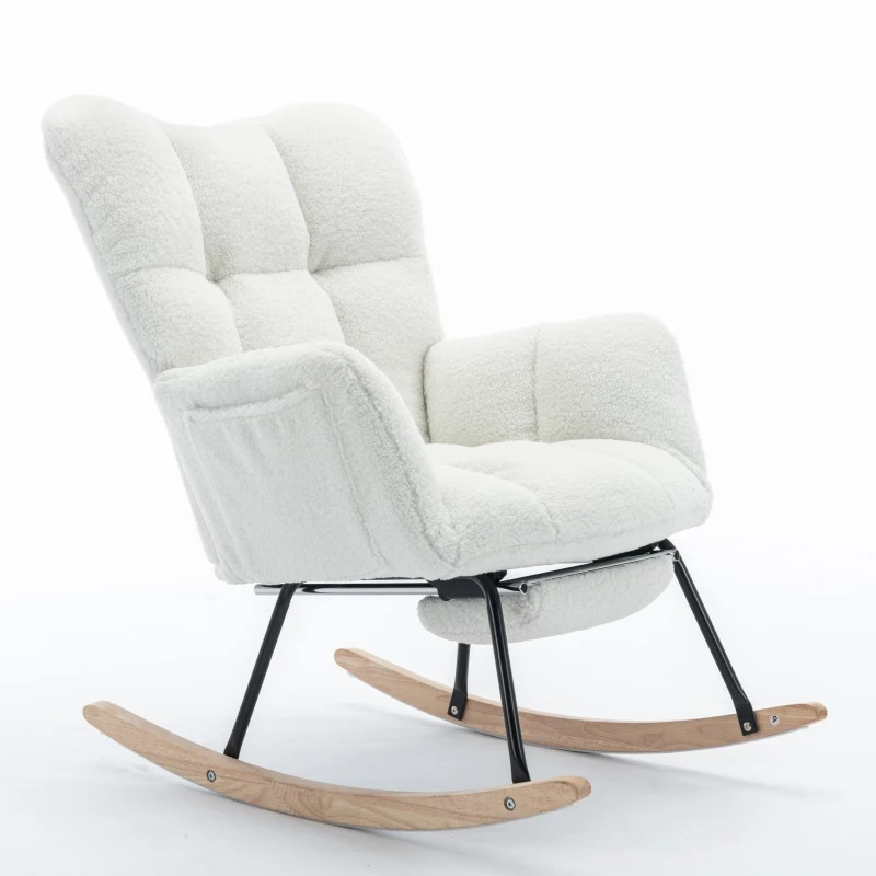 Plush Teddy Fabric Rocking Chair with Adjustable Footstool, Ergonomic Nursery Chair for Living Room Bedroom, 37-49'' L x 26"W x 35-36" H, Ivory
