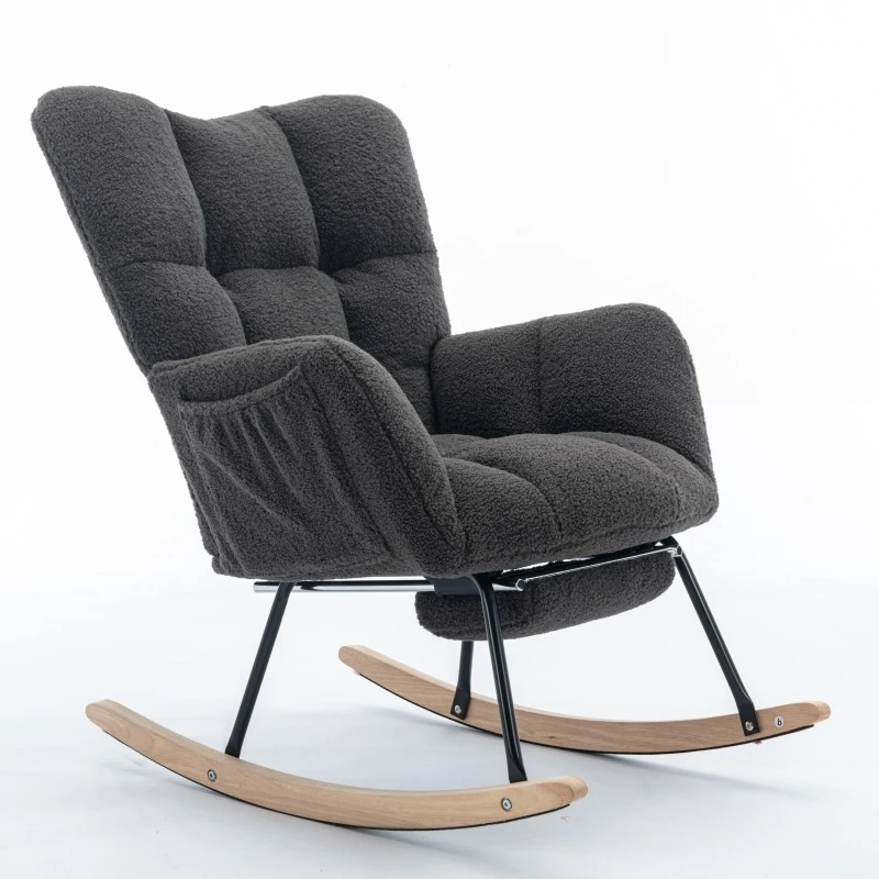 Soft Teddy Fabric Rocking Chair with Adjustable Footrest, Ergonomic Nursery Chair for Living Room , 37-49'' L x 26"W x 35-36" H, Dark Gray