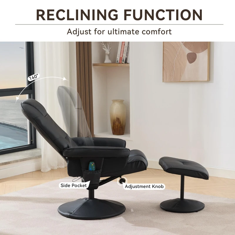 Ergonomic Massage Recliner Chair with Ottoman, Cozy Swivel Lounge Chair with Massage and Seat Heating, 31.5'' L x 29.5" W x 38" H, Black