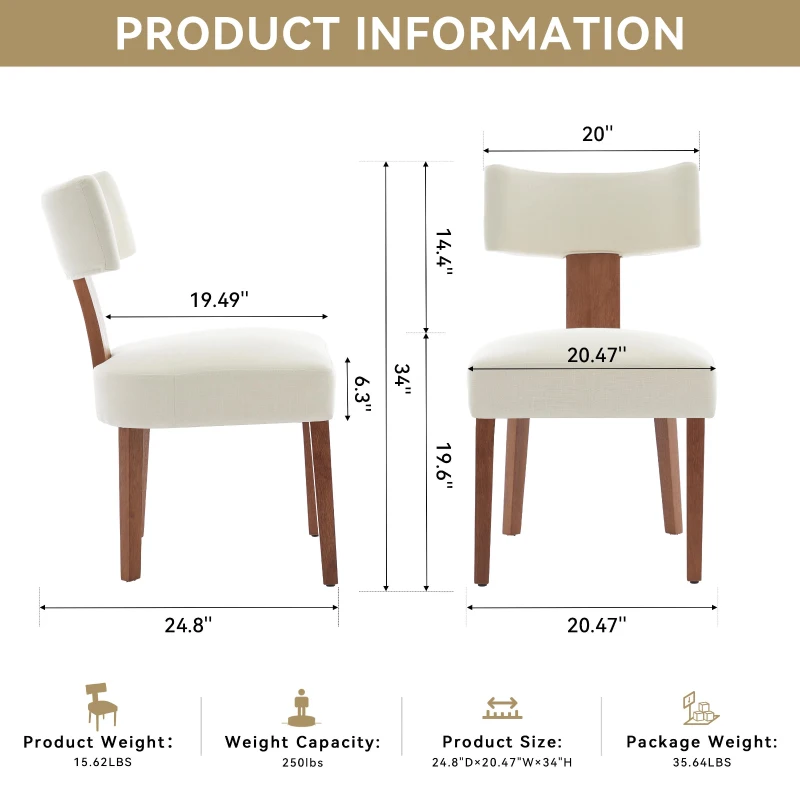 Modern Linen Armless Dining Chair with Padded Seat Cushion, Stylish Side Chair for Dining Room Living Room, 24.5'' L x 20.5"W x 34" H, Beige