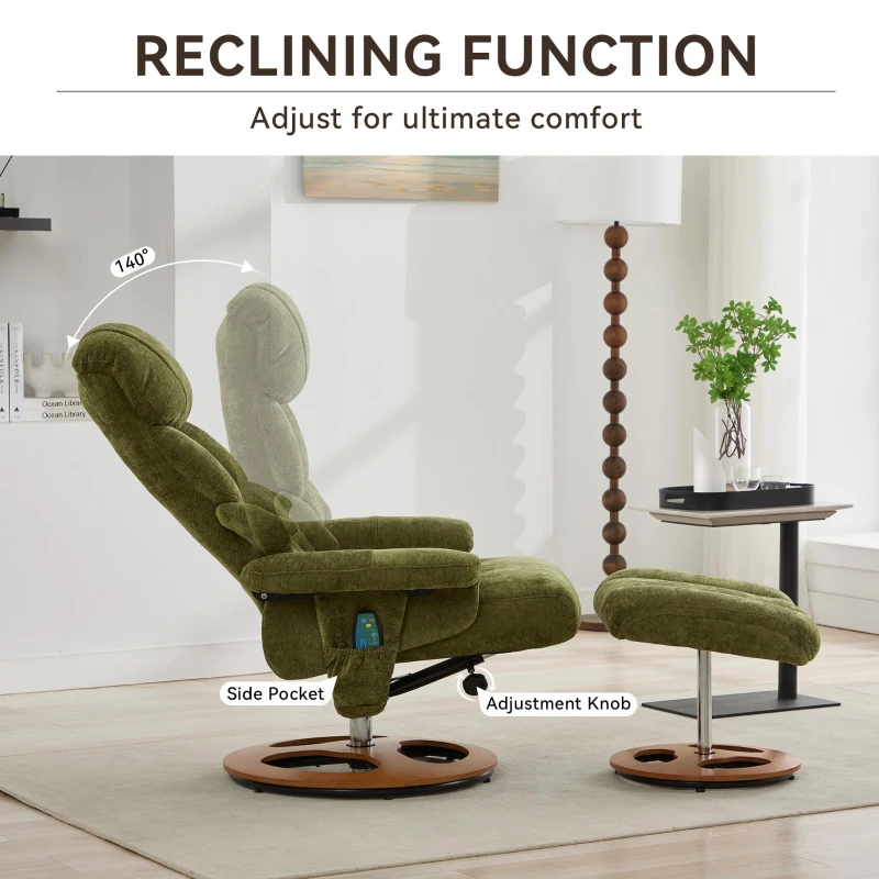 Ergonomic Recliner Chair with Ottoman and Massage, Cozy Swivel Lounge Chair with Heated Seat and 140° Recline, 32'' L x 33" W x 43.5" H, Green