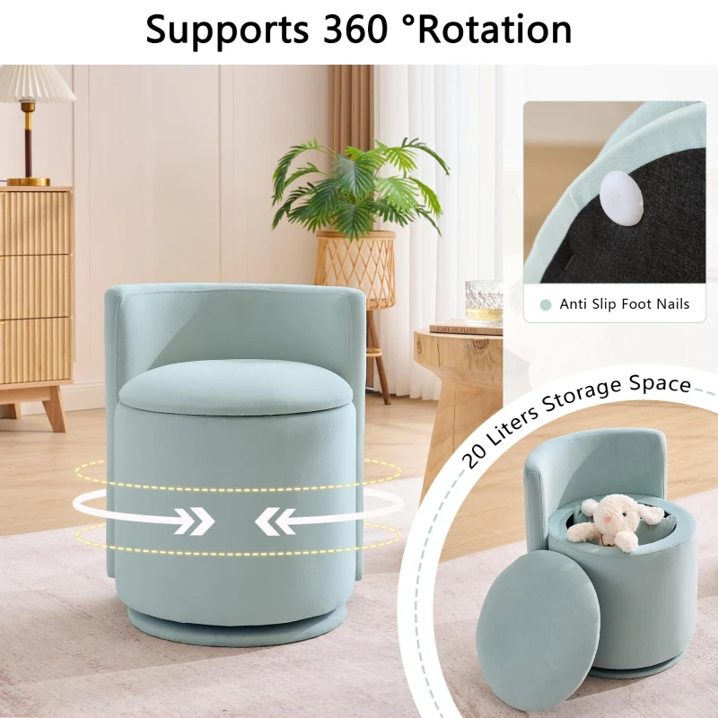 Elegant Velvet Accent Chair with 360° Swivel and 20L Hidden Storage, Chic Barrel Chair with Curved Backrest, 18.5'' L x 18.5" W x 22" H, Aqua