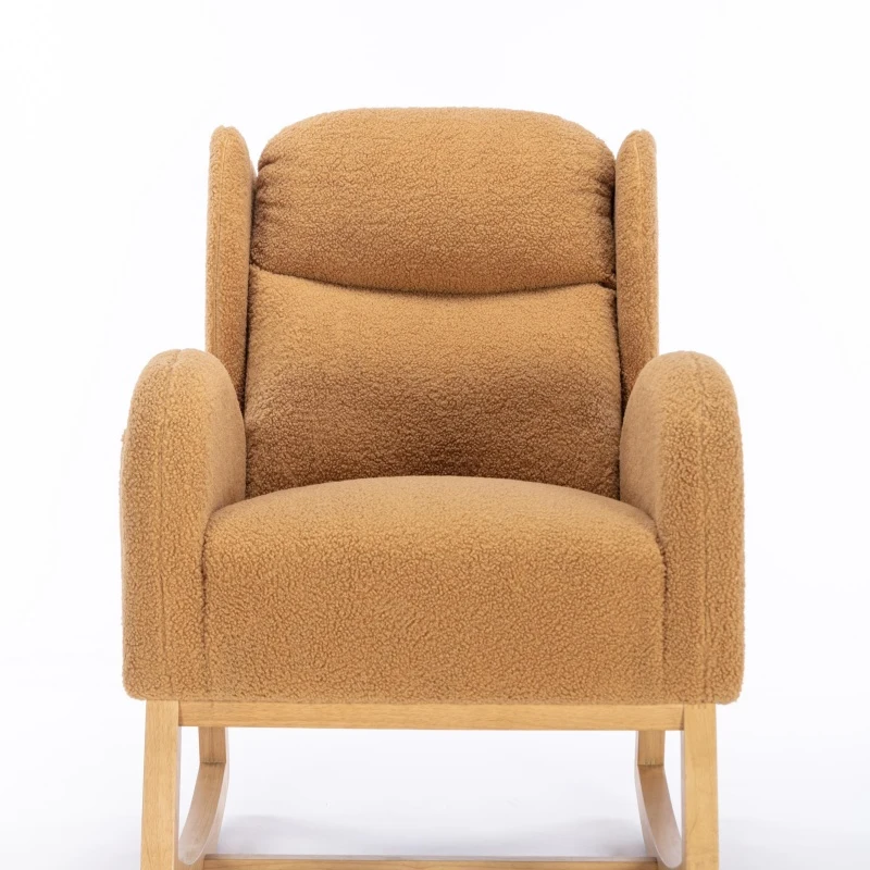Elegant Teddy Fabric Rocking Chair with Ergonomic Backrest, Modern Lounge Chair with Wooden Frame and Legs, 38'' L x 28" W x 40" H, Khaki