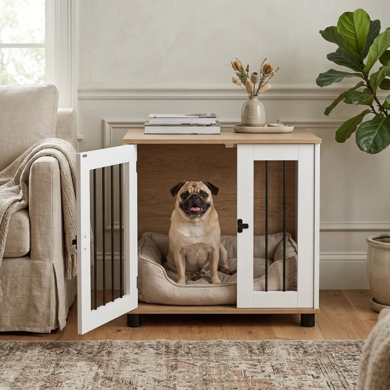 PawHut Dog Kennel Furniture Side End Table Indoor with Lockable Door, for Small and Medium Dogs, Walnut Brown
