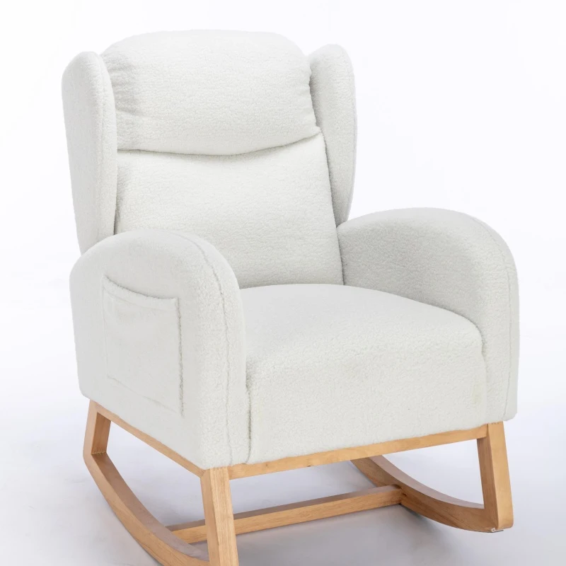 Elegant Teddy Fabric Rocking Chair with Ergonomic Backrest and Plush Filling, Accent Chair with Wooden Legs, 38'' L x 28" W x 40" H, Ivory