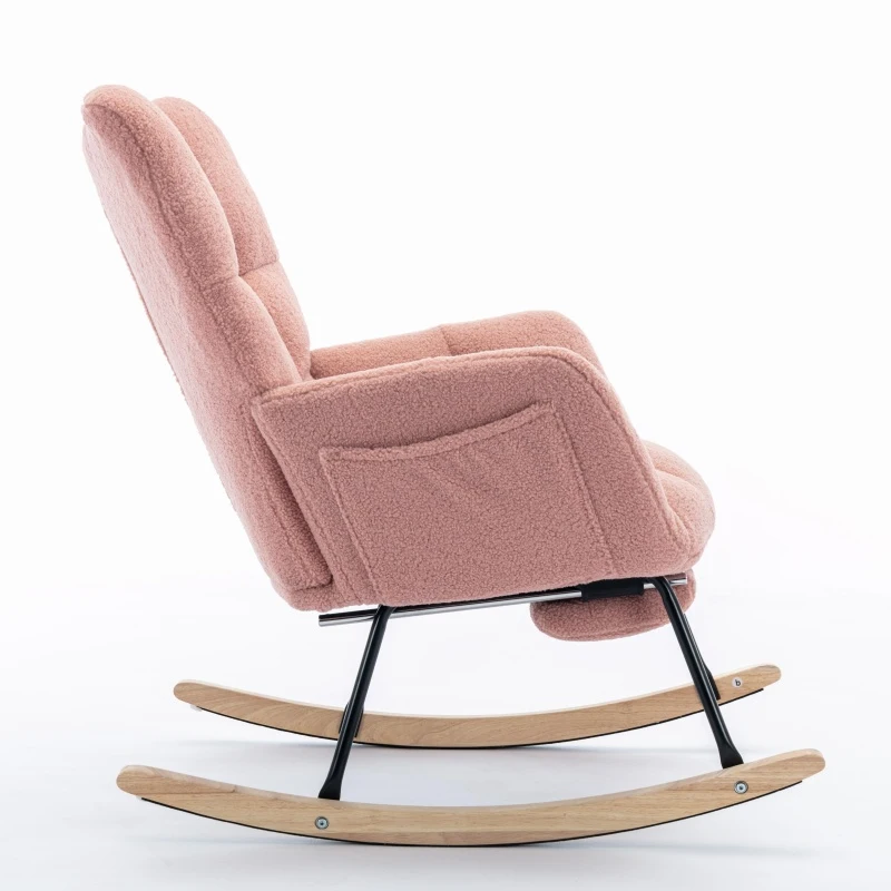 Snug Teddy Fabric Rocking Chair with Adjustable Footstool, Ergonomic Nursery Chair for Living Room Bedroom, 37-49'' L x 26"W x 35-36" H, Pink
