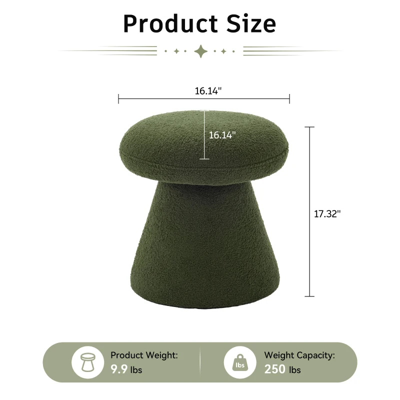 Mushroom-Shaped Swivel Ottoman with Teddy Upholstery, Chic Footstool with 360° Rotation and No Assembly, 16'' L x 16" W x 17.5" H, Green