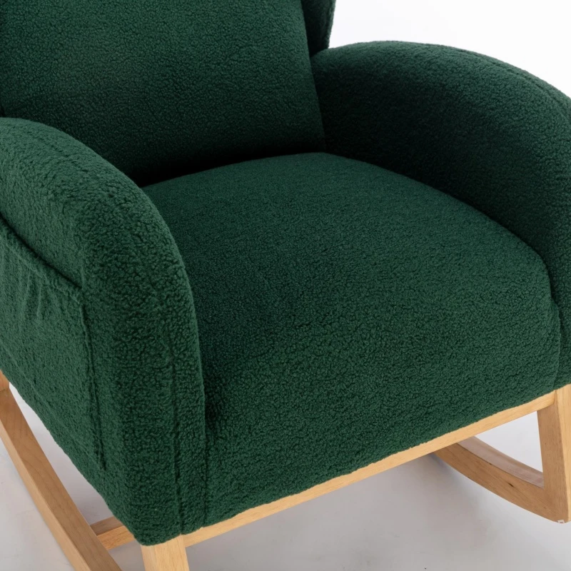 Elegant Teddy Fabric Rocking Chair with Ergonomic Backrest and Plush Filling, Accent Chair with Wooden Legs, 38'' L x 28" W x 40" H, Green
