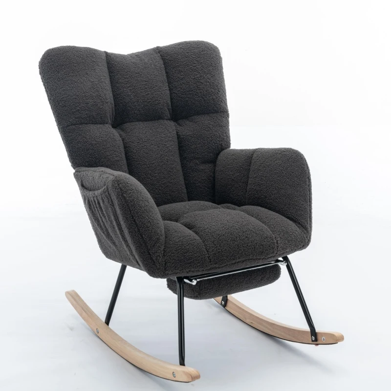 Soft Teddy Fabric Rocking Chair with Adjustable Footrest, Ergonomic Nursery Chair for Living Room , 37-49'' L x 26"W x 35-36" H, Dark Gray