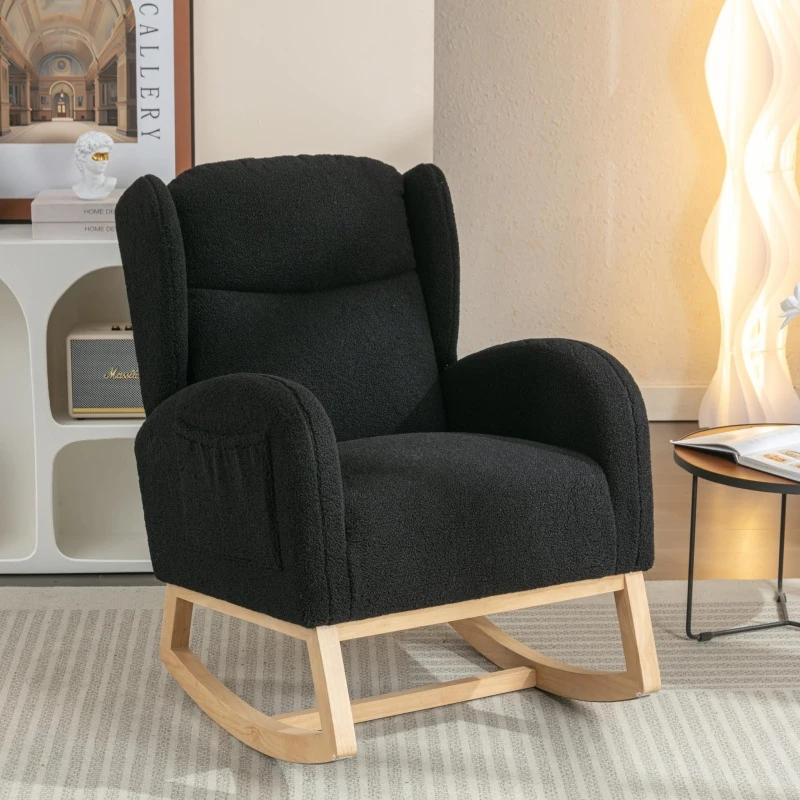 Cozy Teddy Fabric Rocking Chair with Wingback and Larger Seat, Ergonomic Nursery Chair for Living Room Bedroom, 38'' L x 28"W x 40" H, Black