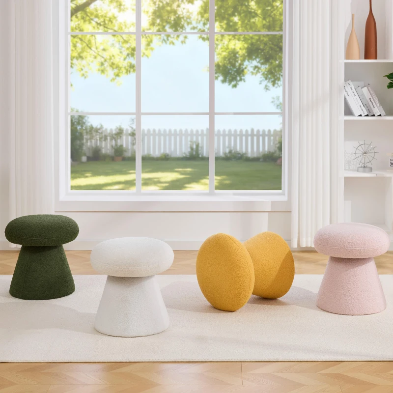 Mushroom-Shaped Swivel Ottoman with Teddy Upholstery, Chic Footstool with 360° Rotation and No Assembly, 16'' L x 16" W x 17.5" H, Green