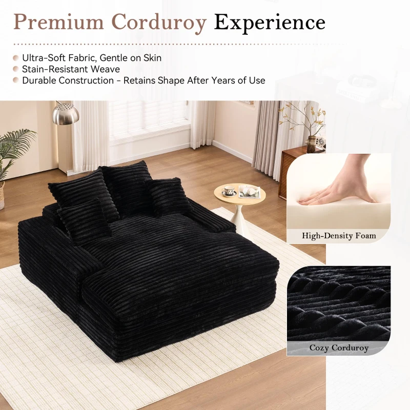 Oversized Corduroy Chaise Lounge Sofa with High-Resilience Foam, Cozy Sleeper Couch for Living Room Apartment, 69'' L x 65.5"W x 24.5" H, Black