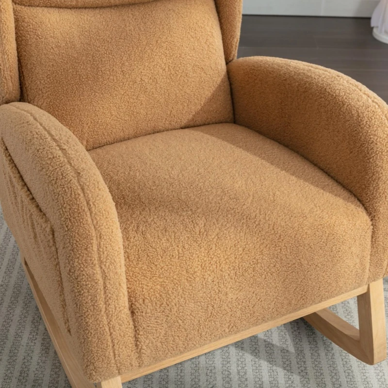 Elegant Teddy Fabric Rocking Chair with Ergonomic Backrest, Modern Lounge Chair with Wooden Frame and Legs, 38'' L x 28" W x 40" H, Khaki