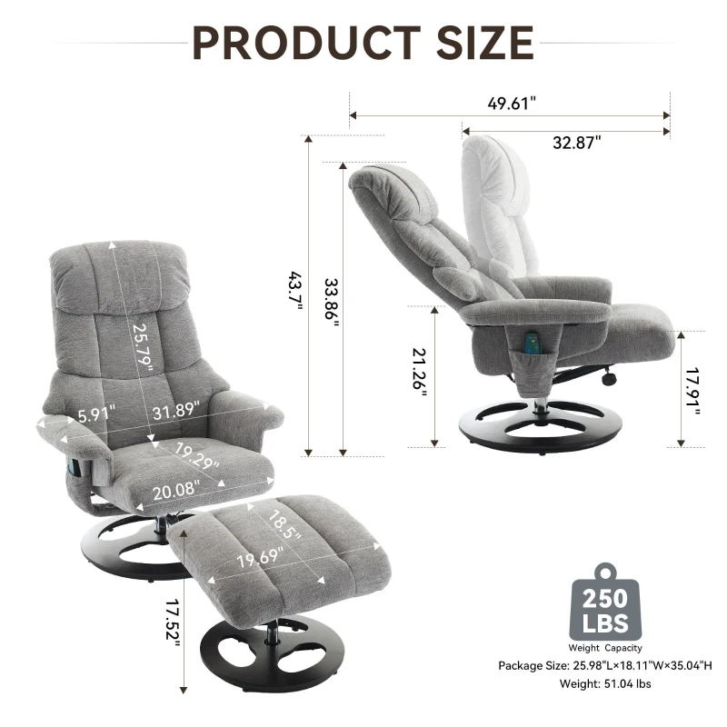 Ergonomic Recliner Chair with Ottoman and Massage, Cozy Swivel Lounge Chair with Heated Seat and 140° Recline, 32'' L x 33" W x 43.5" H, Grey