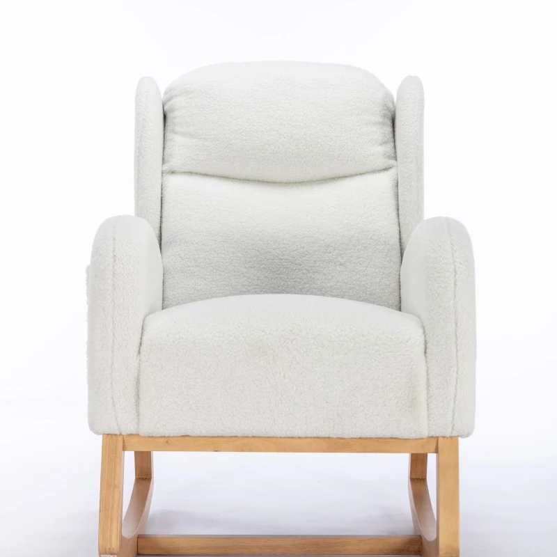 Elegant Teddy Fabric Rocking Chair with Ergonomic Backrest and Plush Filling, Accent Chair with Wooden Legs, 38'' L x 28" W x 40" H, Ivory