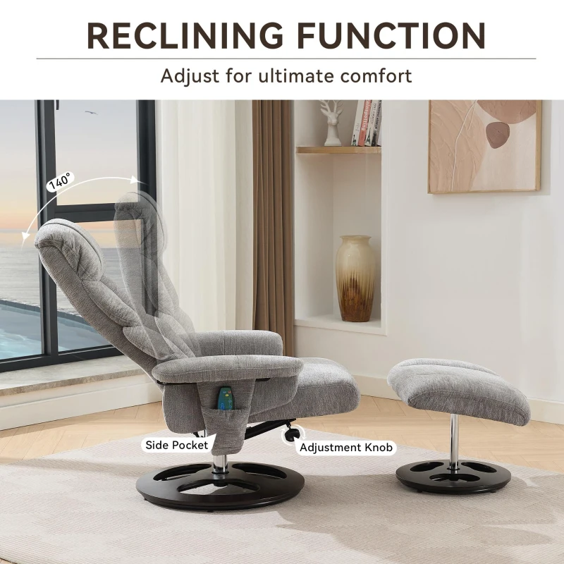 Ergonomic Recliner Chair with Ottoman and Massage, Cozy Swivel Lounge Chair with Heated Seat and 140° Recline, 32'' L x 33" W x 43.5" H, Grey
