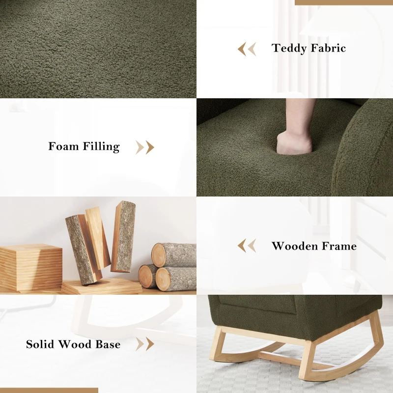 Plush Teddy Fabric Rocking Chair with Adjustable Footstool, Ergonomic Nursery Chair for Living Room, 35-49'' L x 27.5"W x 40-41.5" H, Green