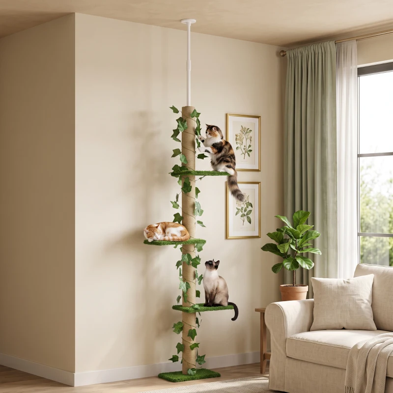 PawHut 4-Tier Floor to Ceiling Cat Tree, Height(80-95Inches)Adjustable, Tall Cat Tower w/ Anti-Slip Kit, Leaves, Multi-Layer Activity Centre w/ Scratching Post