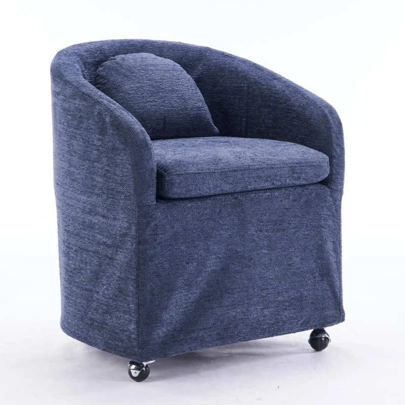 Soft Elegant Chenille Dining Armchair with Back Cushion, Modern Ergonomic Swivel Chair with Universal Wheels, 22'' L x 24.5" W x 30" H, Blue