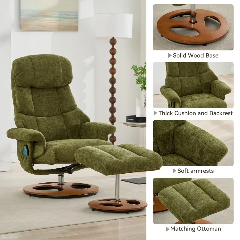 Ergonomic Recliner Chair with Ottoman and Massage, Cozy Swivel Lounge Chair with Heated Seat and 140° Recline, 32'' L x 33" W x 43.5" H, Green