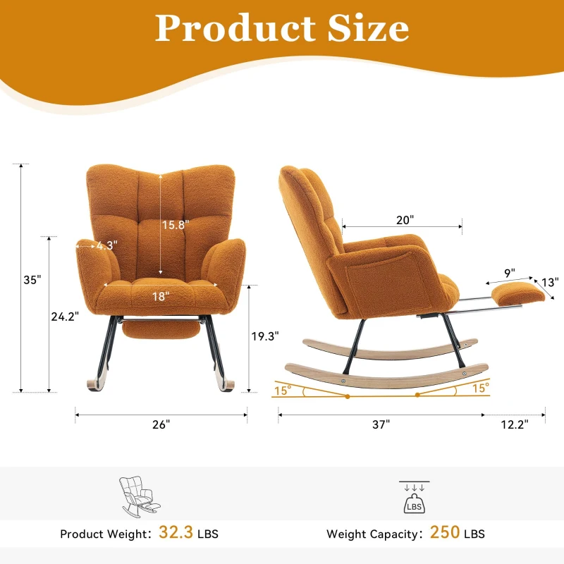 Cozy Teddy Fabric Rocking Chair with Adjustable Footstool, Ergonomic Nursery Chair for Living Room Bedroom, 37'' L x 26"W x 35" H, Caramel
