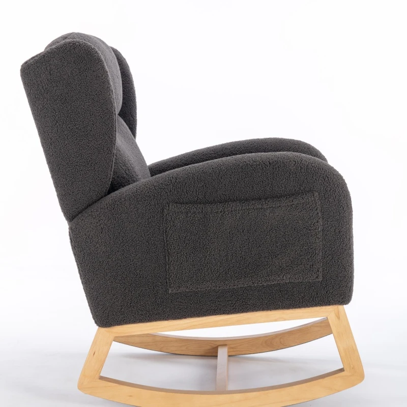 Elegant Teddy Fabric Rocking Chair with Ergonomic Backrest and Plush Filling, Accent Chair with Wooden Legs, 38'' L x 28" W x 40" H, Dark Gray