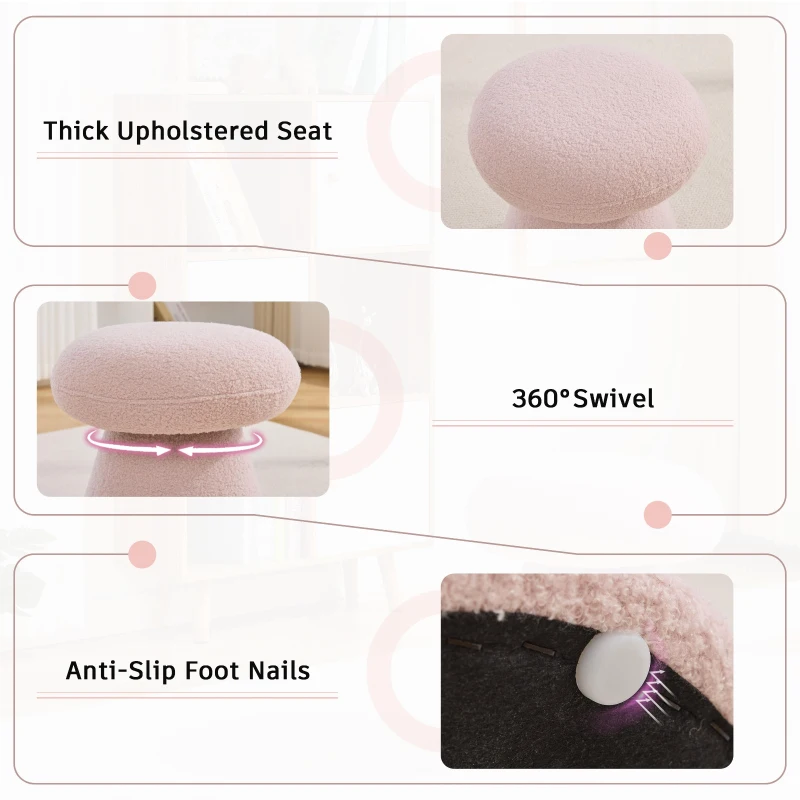 Cozy Mushroom Ottoman with Teddy Upholstery and 360° Swivel, Chic Footstool with Non-Slip Feet and No Assembly, 16'' L x 16" W x 17.5" H, Pink