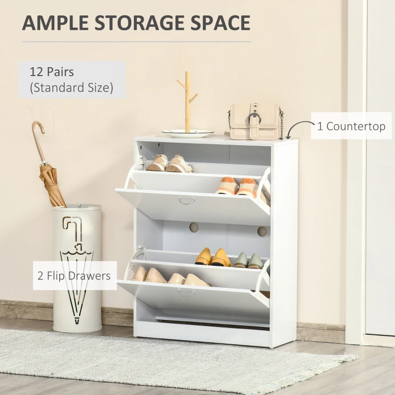 HOMCOM Shoe Cabinet with 2 Flip Drawers, Narrow Shoe Storage Cabinet with Adjustable Shelves for Entryway, Hallway, White