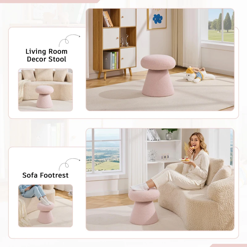 Cozy Mushroom Ottoman with Teddy Upholstery and 360° Swivel, Chic Footstool with Non-Slip Feet and No Assembly, 16'' L x 16" W x 17.5" H, Pink