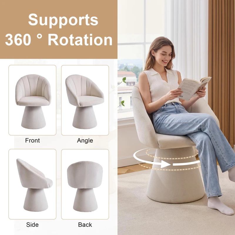 Elegant Swivel Accent Armchair with Curved Backrest, Chenille Vanity Chair with 360° Rotation and Armrests, 22.5'' L x 22" W x 31.5" H, Beige