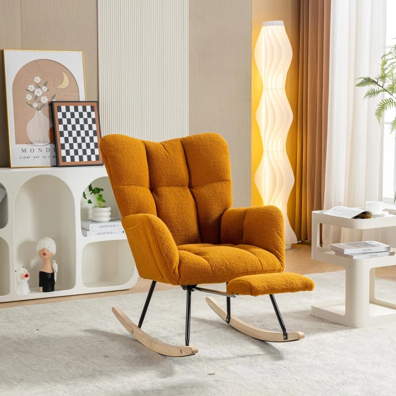 Cozy Teddy Fabric Rocking Chair with Adjustable Footstool, Ergonomic Nursery Chair for Living Room Bedroom, 37'' L x 26"W x 35" H, Caramel