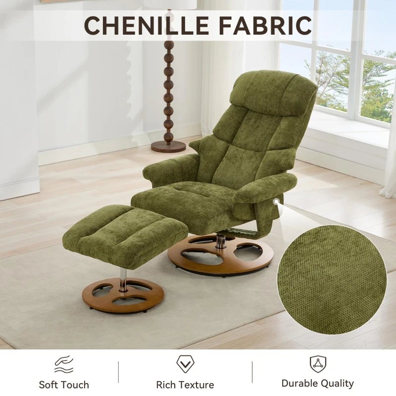 Ergonomic Recliner Chair with Ottoman and Massage, Cozy Swivel Lounge Chair with Heated Seat and 140° Recline, 32'' L x 33" W x 43.5" H, Green