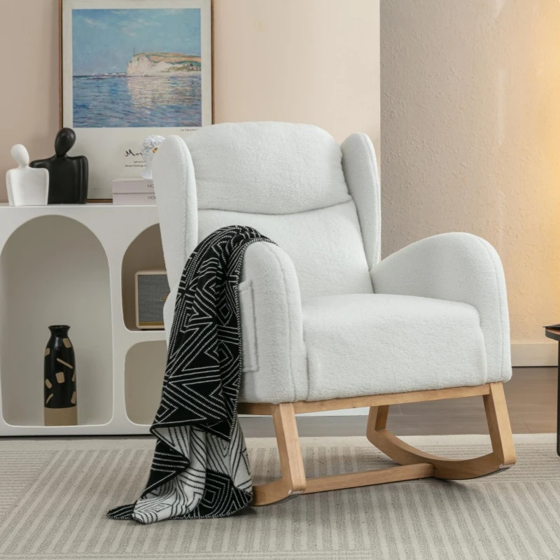 Elegant Teddy Fabric Rocking Chair with Ergonomic Backrest and Plush Filling, Accent Chair with Wooden Legs, 38'' L x 28" W x 40" H, Ivory