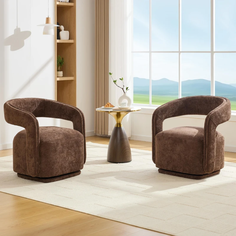 Elegant Swivel Accent Armchair with Curved Backrest, Soft Chenille Barrel Chair with 360° Rotation, Foam Seat, 27.5'' L x 25.5" W x 29" H, Brown