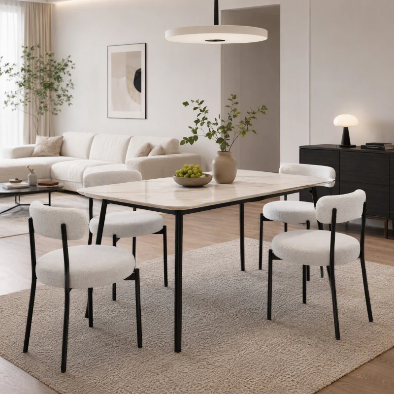 HOMCOM Round Modern Upholstered Kitchen Chairs, Boucle Dining Chairs Set of 4 with Curved Backrest and Thick Cushion, White