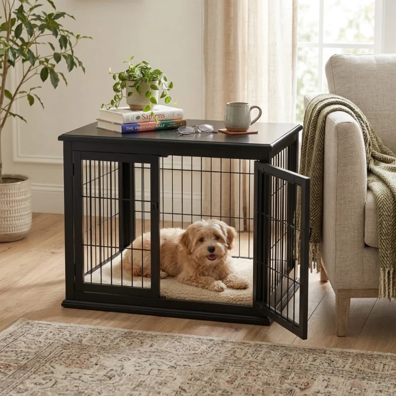 PawHut Dog Crate Furniture, 32" Wide Indoor Kennel and End Table with Lockable Access Doors, Black